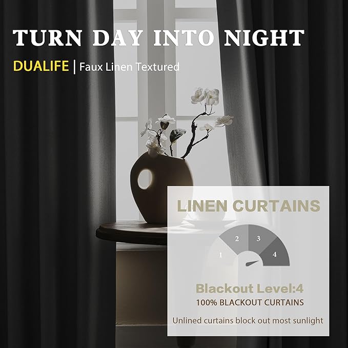 DUALIFE Greyish White Linen Curtains, 102 Inch Long Curtains Blackout Sliding Glass Door Thermal Insulated Drapes for Bedroom Back Tap/Rod Pocket/Hook Belt?50x102 Inch