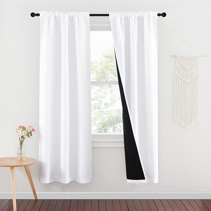 NICETOWN 100% Blackout Window Curtain Panels, Cold and Full Light Blocking Drapes with Black Liner, 72 Inches Drop Thermal Insulated Draperies for Studio (White, 2 Pieces, 37 inches Wide Each Panel)