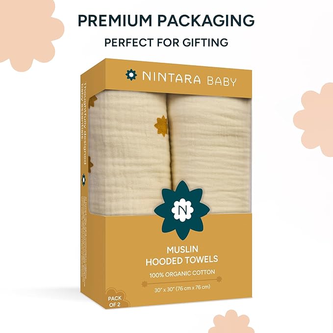 Hands-Free Hooded Towel - 100% Organic Premium Muslin Cotton, 30" x 30", Ultra-Absorbent, Soft, Breathable, Hypoallergenic, Multipurpose, Gifts for Babies & Infants, Pack of 2