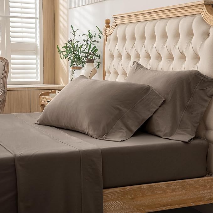 PURE ERA Jersey Knit 4pc Bed Sheet Set 100% T-Shirt Cotton Super Soft Comfy Breathable Fits Mattress Up to 20" Extra Deep Pocket (Solid Brown, Full)
