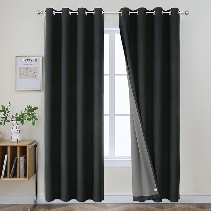 Joydeco Blackout Curtains 96 Inch Long, Black Curtains for Bedroom Windows, Room Darkening Thermal Insulated Textured Grommets Drapes for Living Room(42x96 inch, Black)