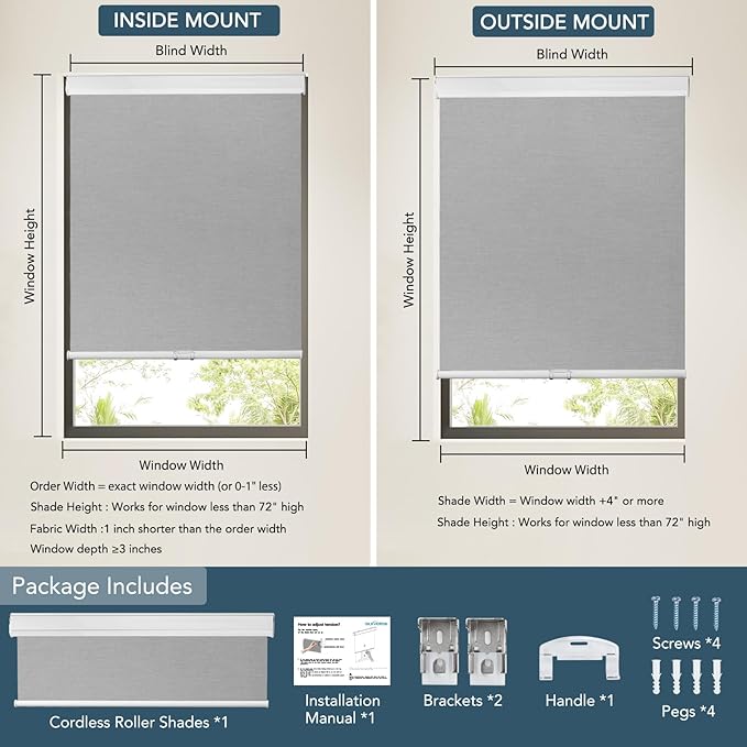Roller Window Shades Free-Stop Cordless Blackout Blinds, Thermal Insulated Pull Down Shades for Windows, UV Protection Fabric Roller Blinds for Home Office (53.5" Wx72 H, Grey)