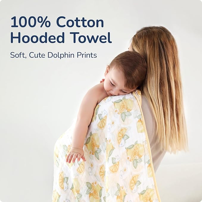 Muslin Hooded Baby Towels 2 Pack, Ultra Soft & Absorbent Baby Bath Towels, Bath & Beach Essentials, Shower Gifts for Newborns, Babies, Infant, Toddler - 32x32 Inch (Lemon & Peach)