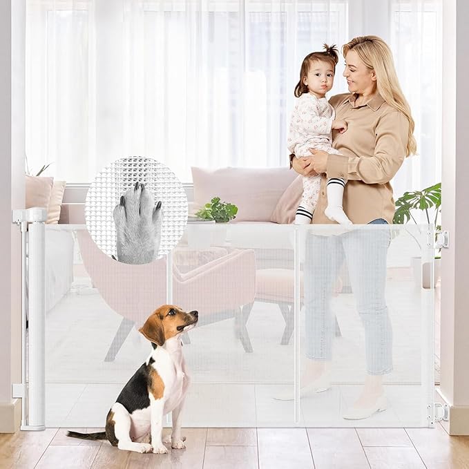 Reinforced 50" Wide Retractable Baby Gates for Doorways, Retractable Dog Gate for Stairs with Support Rods – Prevent Crawling Under, Outdoor Indoor Mesh Baby Gate Retractable Gates for Dogs, White