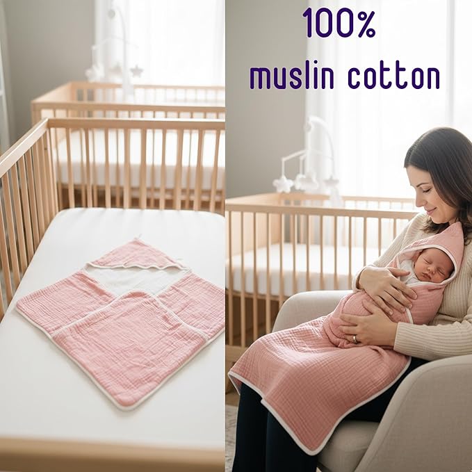 2-Pack Muslin Hooded Baby Towels, 100% Cotton, Towels for Babies, Infants, Toddles, Soft and Absorbent for Boy and Girl, Double Layered Baby Towel With Hood, Babies Muslin Towel Set (Pink Flowers)