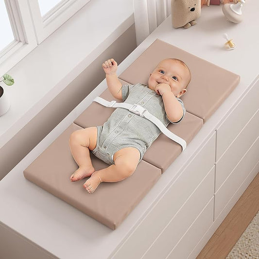 YACODAVO Foldable Baby Changing Pad with Vegan Leather Cover, Standard Side Waterproof & Wipeable Changing Pad for Toddler, Flat Foam Travel Diaper Changing Pad for Dresser and Table, Light Brown