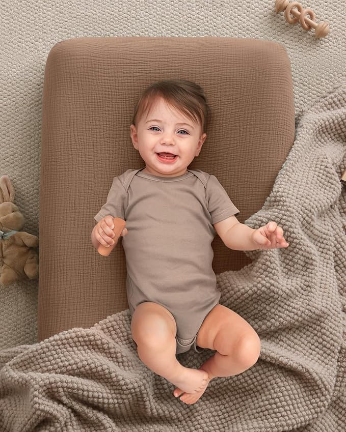 Blissful Diary Muslin Changing Pad Cover for Girls Boys, Ultra Soft Breathable Cotton, Baby Diaper Change Table Pad Covers, 2Pack (Checkered Brown & Brown)