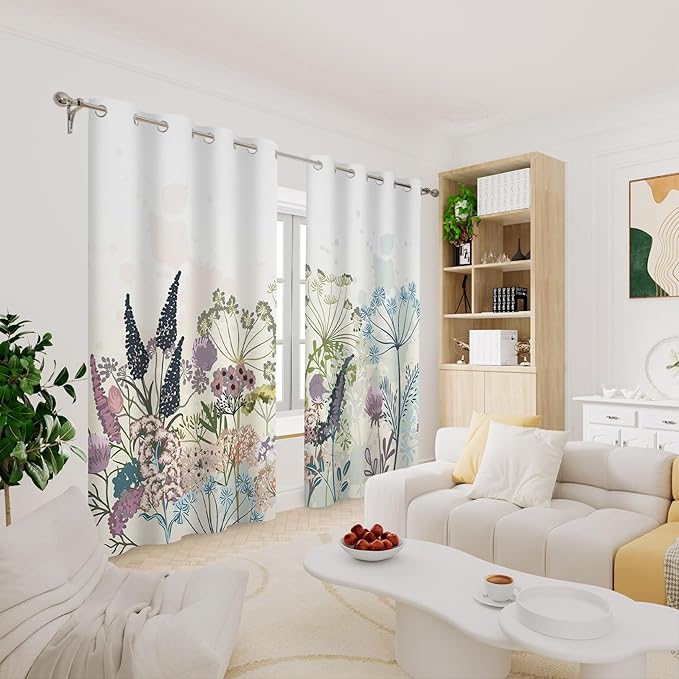 Renaiss Wildflowers Blackout Curtains Vintage Botanical Floral Plant Thermal Insulated Window Drapes for Bedroom 53W x 108L inches 2 Panel Set Window Curtain Panels for Kitchen