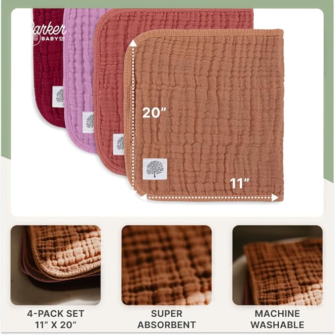 Parker Baby Muslin Burp Cloths | 100% Cotton Burping Clothes, Newborn Essential | Must-Have Baby Registry, Modern and Trendy Colors | 20"x11" Large Baby Burp Cloths, 4-Pack Rose