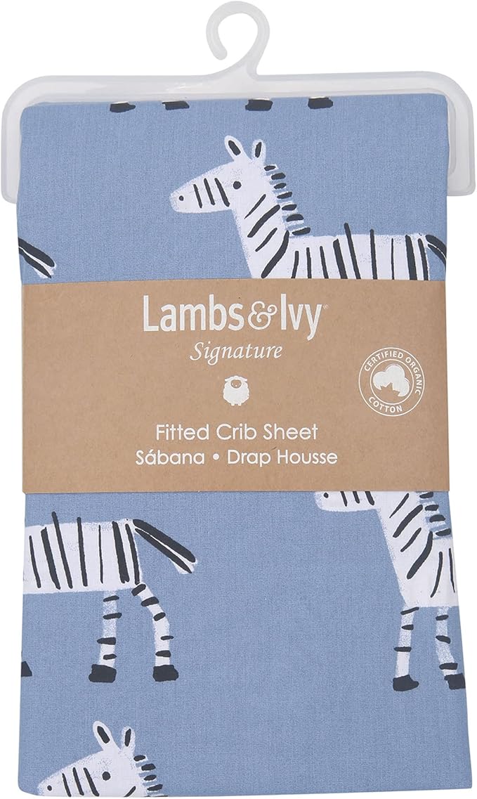 Lambs & Ivy Signature Zebra Blue Organic Cotton Breathable Fitted Crib Sheet