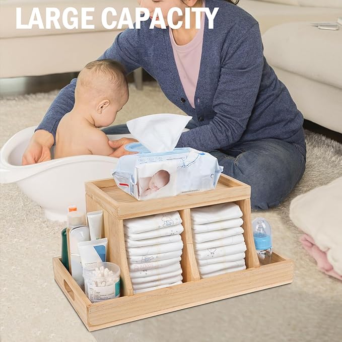 Diaper Caddy Organizer, Changing Table Organizer, Wooden Diaper Organizer for Nursery, Baby Diaper Storage Organizer with Removable Dividers (Brown, Rectangular Size)