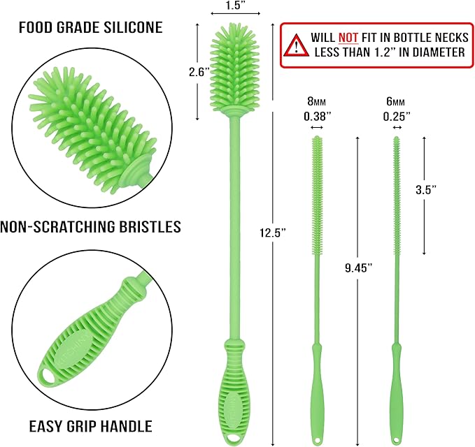 Kitchiny 12.5" Silicone Bottle Brush & Straw Cleaner Brush Set | Water Bottle Cleaner for Hydro Flasks, Tumblers, Glassware, Vases and Narrow Neck Containers