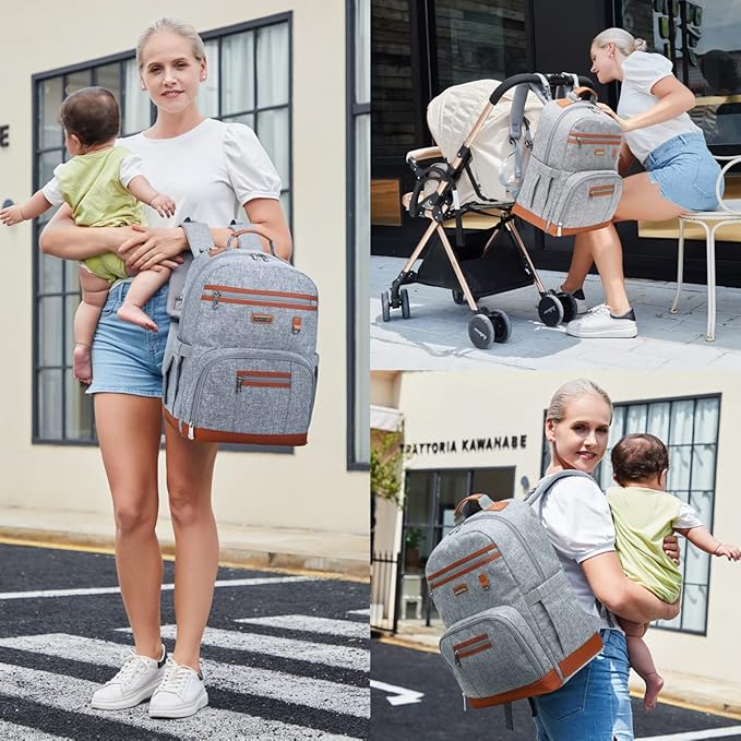 Diaper Bag Backpack, Large Baby Nappy Bags with Portable Changing Pad for Boys and GirlsMultifunction Travel Baby Bag for Moms Dads, Shower Gifts Waterproof and Stylish，Grey