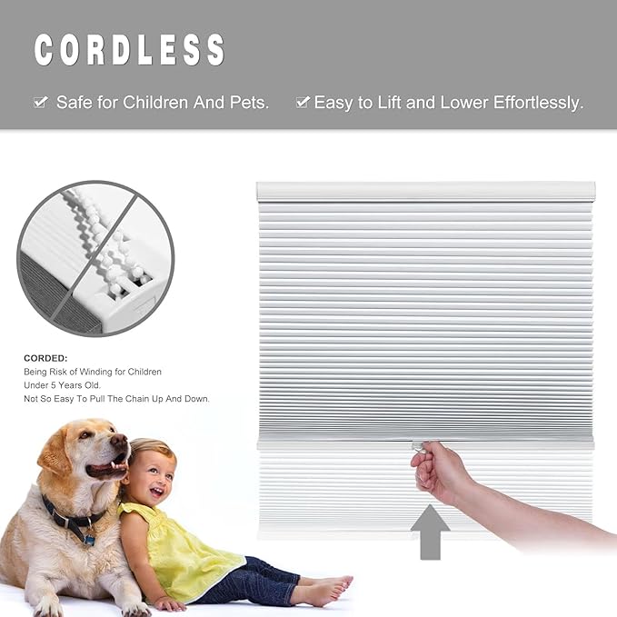 Changshade Blackout Cellular Shades Cordless Blinds for Indoor Windows, Room Darkening Honeycomb Pull Down 1.5" Cell for Bedroom, Bathroom, Nursey, White, Shade Size 34.5 Inch Width, 72 Inch Height