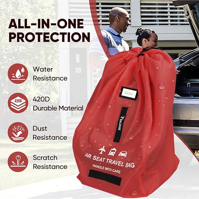 BALEINE Car Seat Travel Bag for Airplane, Water-Resistant Car Seat Bags for Air Travel, Foldable Cover with 3 Handles, Fits Toddler Carseat, Convertible and Booster Seats (Red)