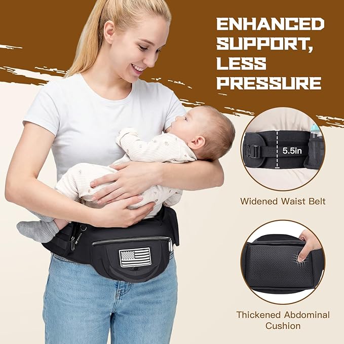 Dinictis Baby Hip Carrier, Ergonomic Waist Carrier with Hip Seat for Newborn to Toddler (Up to 45 lbs), Adjustable Wide Waistband, Molle Webbing & Multiple Pockets, Black