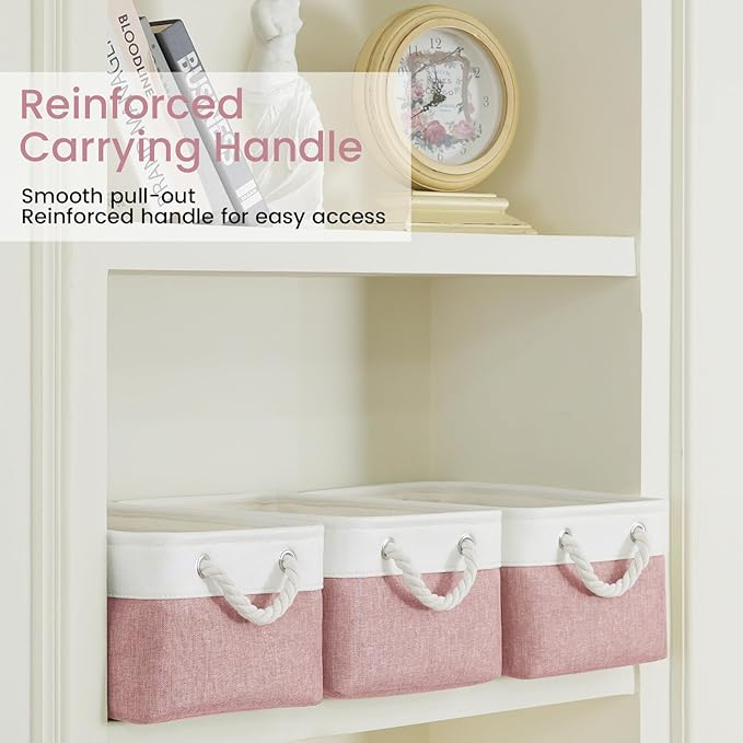 Storage Baskets for Shelves 13.8x9.8x6.7 Inch, Foldable Fabric Storage Bins with Handles, Small Storage Baskets for Organizing Closet, Office, Home Organization (6-Pack, White&Pink)
