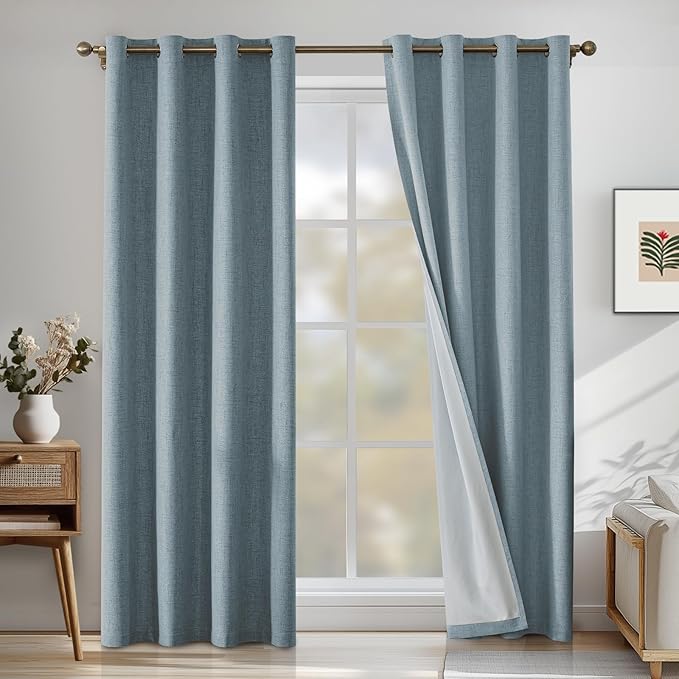 Linen 100% Blackout Curtains for Bedroom, Black Out Curtains 45 Inch Long, Room Darkening Curtains for Living Room, Long Curtain Grommets Drapes, Thermal Curtains(2 Panels, Light Blue)