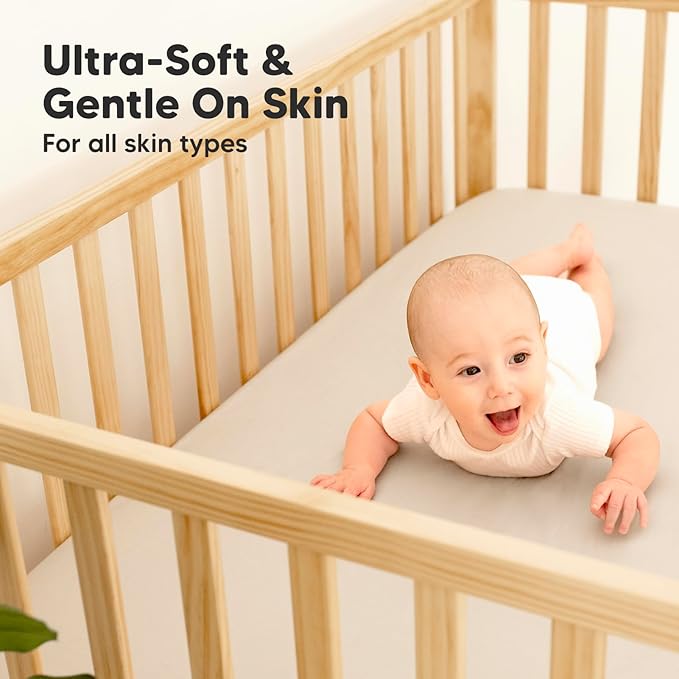 2-Pack Waterproof Baby Crib Sheets for Boys, Girls - 52x28 Viscose Derived from Bamboo Toddler Bed Sheet Neutral, Fitted Crib Mattress Protector Cover for Baby Bedding, Soft & Gentle (Ecru)