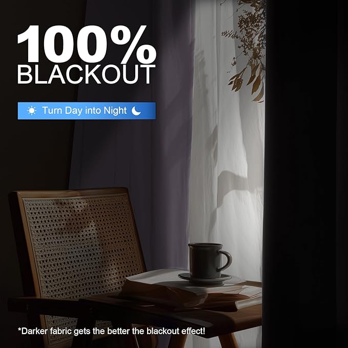 Linen 100% Blackout Curtains for Bedroom, Black Out Curtains 45 Inch Long, Room Darkening Curtains for Living Room, Long Curtain Grommets Drapes, Thermal Curtains(2 Panels, Purple)