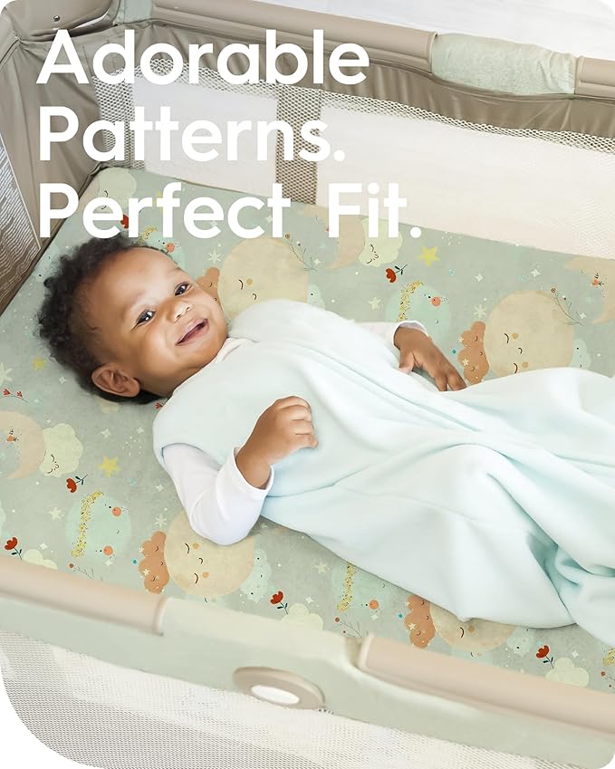TotBasic Cloud-Like Soft Pack N Play Sheets - Compatible with Graco, 4moms, Dream On Me, Baby Trend and Other 27 X 39/24 X 38 Inch Playard Mattress Pad, Jersey Knit Cotton, 2 Pack (Planet & Moon)