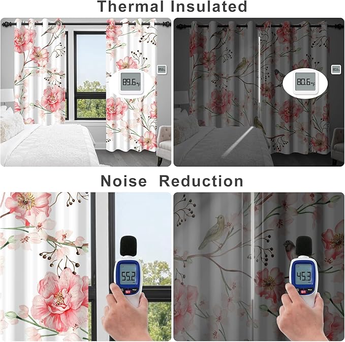 Blackout Curtains for Bedroom 84 Inches Long, Birds and Pink Floral Soundproof Blackout Curtains for Girls Room, Light Filtering Thermal Insulated Black Out Grommet Drapes 84 Inch Length 2 Panels Set