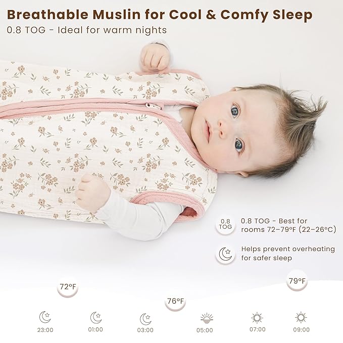 Konssy Muslin Baby Sleep Sack 0-6 Months 0.8 TOG, 2 Pack 100% Cotton Wearable Blanket for Babies, 2-Way Zipper Breathable Sleeping Sack Infant Toddler Essentials for Girls and Boys (Blossom, Pink)
