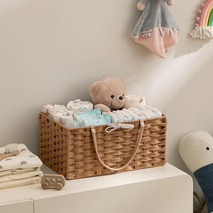 HBlife Large Diaper Caddy Organizer, Washable Waterproof, Portable Plastic Wicker Woven Basket with Divider, Nursery Diaper Station, Baby Shower Gifts Basket & Car Organizer