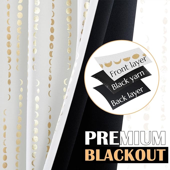 jinchan 95% Blackout Curtains 96 Inch Long for Bedroom Boho Curtains Moon Phases Printed Golden on White Drapes Rod Pocket Back Tab Darkening Retro Bedroom Pattern Curtains 2 Panels