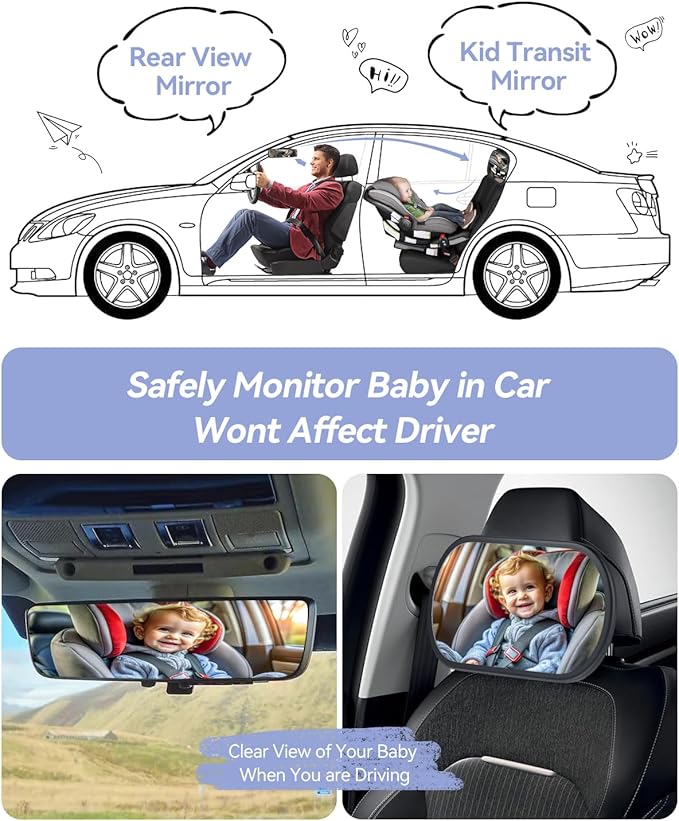 Baby Car Mirror for Backseat - Rear Facing Car Seat Mirror Safety for Infant Newborn - Easily Observe the Baby Move,Clear Wide View,360°Rotation, Secure, Shatterproof - Black