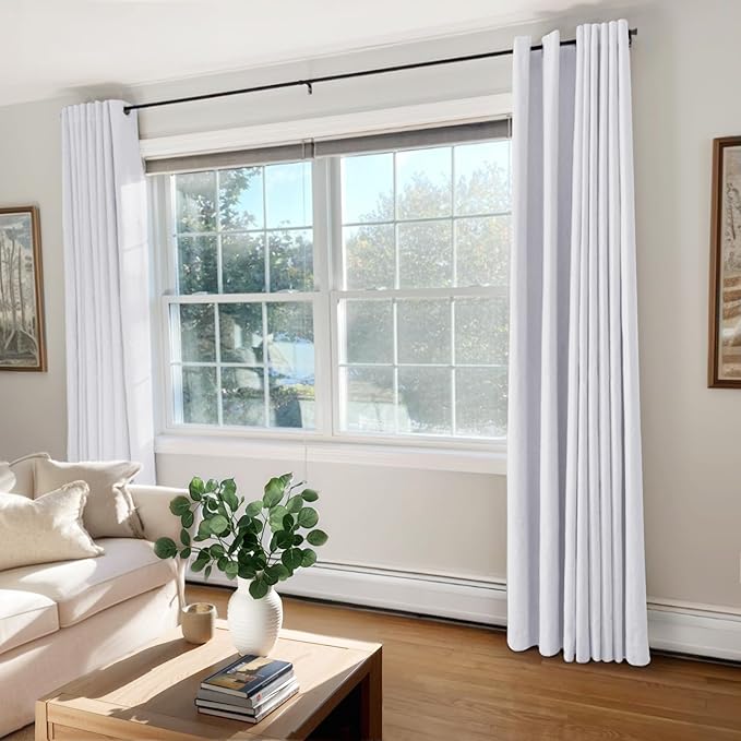100% Blackout Shield Linen Blackout Curtains for Bedroom, Bright White Grommet Curtains for Living Room, Thermal Insulated Room Darkening Drapes for Nursery, Boho Home Decor, 50" W x 72" L, 2 Panels