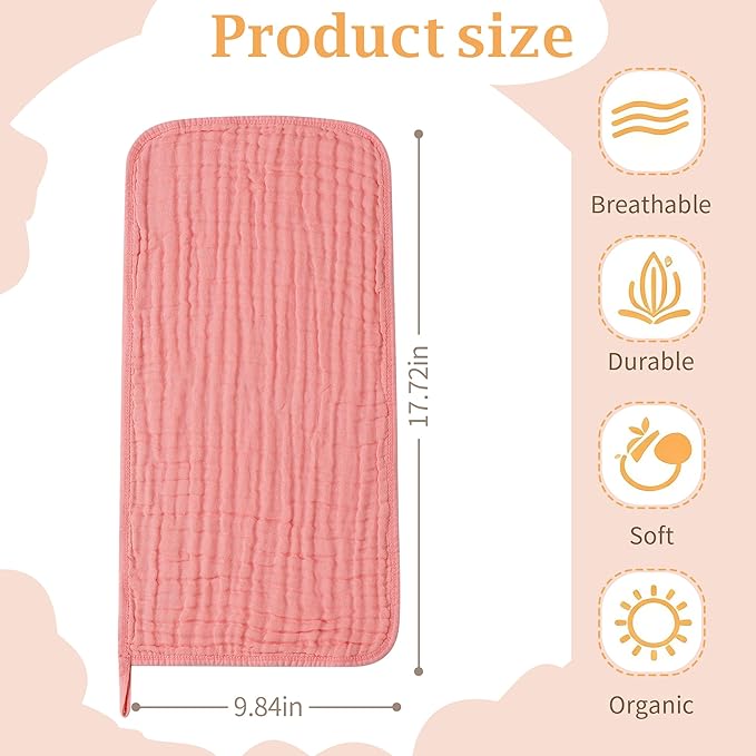 SnugOre Muslin Burp Cloths 5 Pack Large 20x12 inches Baby Burping Cloths, 6-Layer 100% Cotton for Newborn Boys Girls, Ultra Soft & Absorbent（Pink）