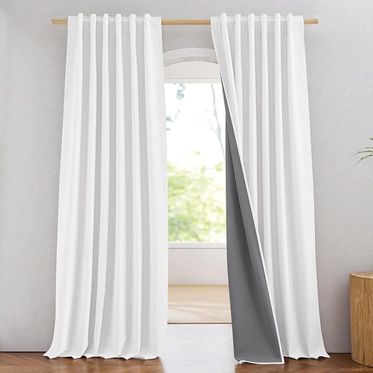 NICETOWN Greyish White 100% Blackout Linen Curtains 84" Long, Farmhouse Thick Linen Blend Window Treatments Thermal Insulated Drapes for Penthouse Living Room, Bedroom (1 Pair, 52" Width Each Panel)