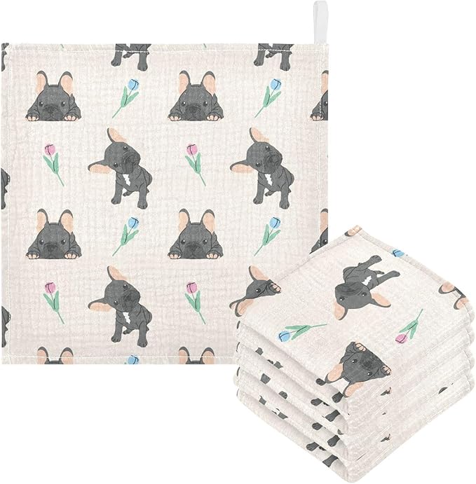 vvfelixl Baby Cotton Washcloths Black French Bulldog Infants Bath Towel for Unisex Face Towels for Newborn, Natural Baby Wipes Delicate Skin, 11.8 X 11.8 inch, one sizex5