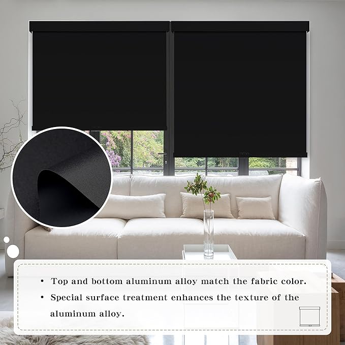 Cordless Blackout Roller Shades Blinds for Windows Free-Stop,Pull Down Room Darkening with Valance,Thermal Insulated Woven Fabric Window Door Blinds for Home,Office,Black 21" W x 72" L