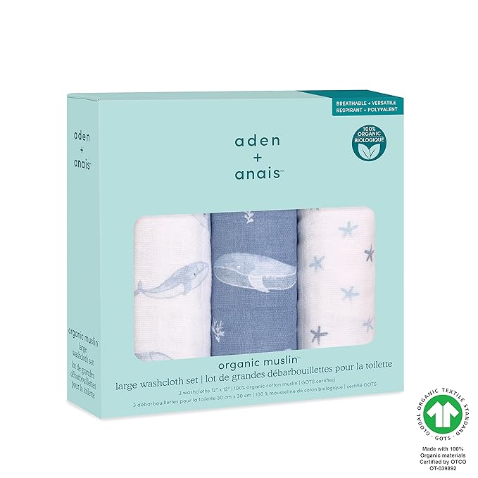 aden + anais Organic Oversized Washcloth 3-Pack, Super Soft 100% Organic Cotton Muslin, Gentle on Skin, 3 Absorbent 12x12 Layers, Softer with Every Use, Perfect for Babies, Infants, Toddlers, Oceanic