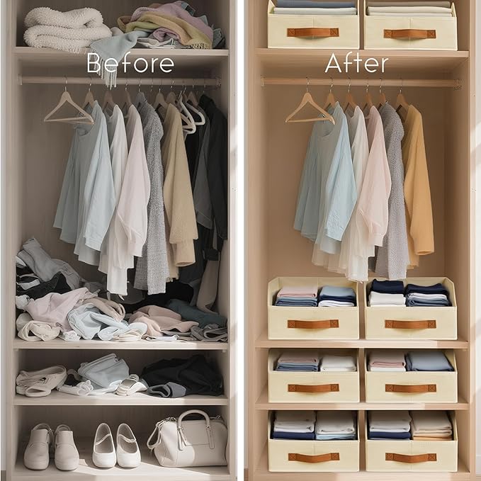 Fabric Storage Bins for Organizing - 10 Pack Large Trapezoid Collapsible Storage Bins with Front Handle, Closet Organizers and Storage for Bedroom, Home Shelves, Small Spaces, Beige