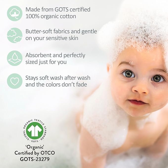 River 10-Pack Baby Terry Washcloths 100% Organic Cotton Absorbent for Baby and Toddler Boys & Girls, Seafoam Terra Rainbow, One Size