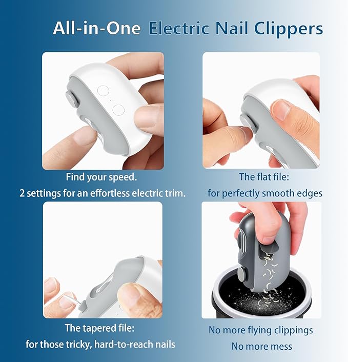Smart Electric Nail Clipper, 3-in-1 Automatic Nail Trimmer & Polisher with 2 Speeds, LED Light, Rechargeable Nail Clippers for Seniors, Low Vision, Women, Men and Kids (White)
