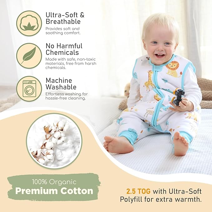 Mama Cheetah Toddler Sleep Sack with Feet 3T - 4T, 2.5 TOG Organic Cotton Baby Sleeping Bag with Legs, Baby Wearable Blankets for Walkers w/ 2-Way Zipper, Baby Sleep Sack for Girls & Boys, Large