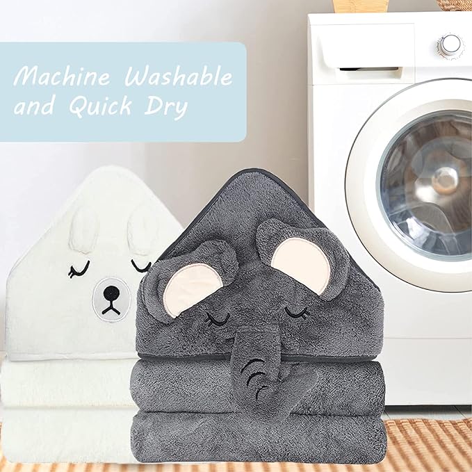 2 Pack Hooded Baby Towels - Premium Ultra Soft Organic Baby Bath Towel – Absorbent and Hypoallergenic Towels for Baby Boy Girl, Toddler, Newborn Essentials (Elephant & Bear)