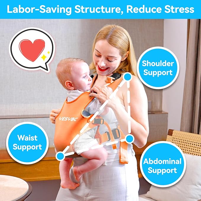 Baby Carrier, Dual-Use Adjustable Baby Sling Support Infant Chest Holder with Drawstring Backpack for Newborn to Toddler 13-33 lbs Swimming Pool Beach Land (Orange)