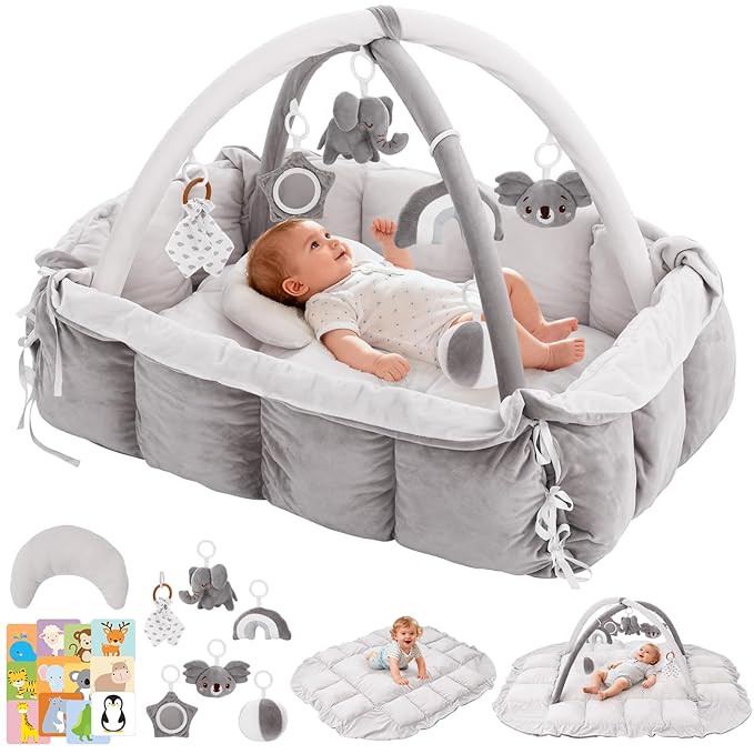 5-in-1 Baby Play Gym and Tummy Time Mat, Tummy Time Pillow & 12 Learning Cards, Plush Activity Mat with 6 Toys, Baby Gym, Convertible to Ball Pit, Baby Gift, Grey