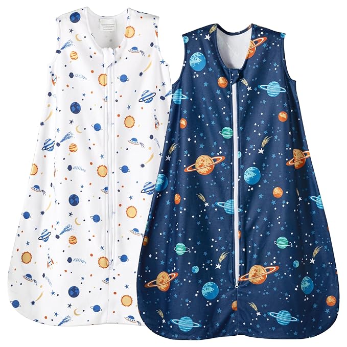 PHF Warm Micro-Fleece Baby Sleep Sack 6-12 Months, Soft Baby Wearable Blanket, 2-Way Zipper Sleeping Bags, 2 Pack Comfy Toddler Sleeping Sack for Boys, Medium Size, Space