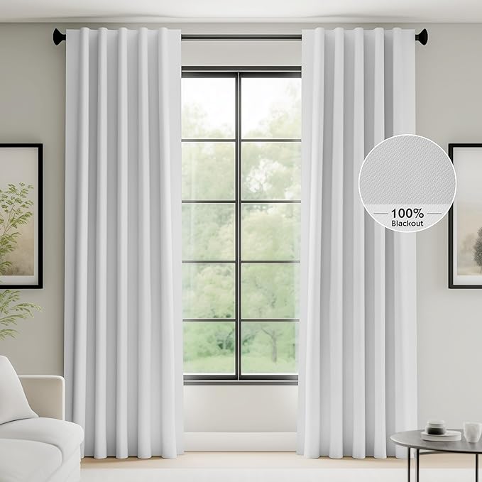 FMFUNCTEX 100% Blackout Curtains for Bedroom, White Back Tab Curtain 96 Inches Long Drapery Thermal Insulated Curtains for Living Room, Black Out Drapes Rod Pocket Room Darkening 2 Panels