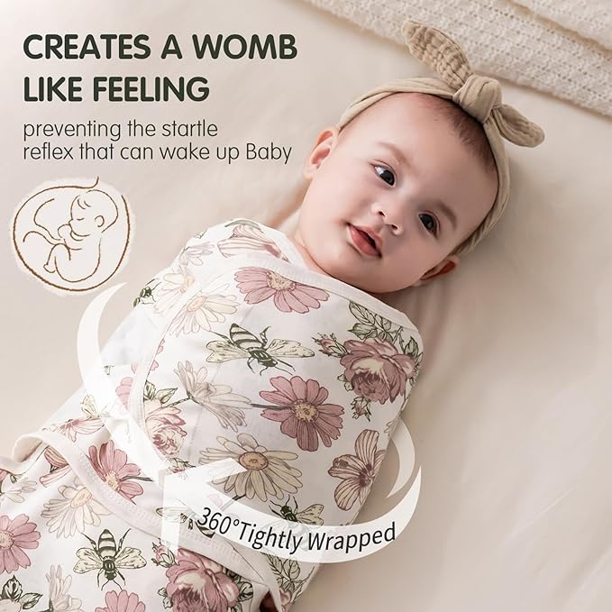 insular Baby Swaddle Wrap, Swaddle Blanket for Newborn and Infant, Adjustable Swaddling Set for Boy and Girl, Soft Cotton Baby Sleep Sack 3 Pack, Floral, Medium(3-6 Month)