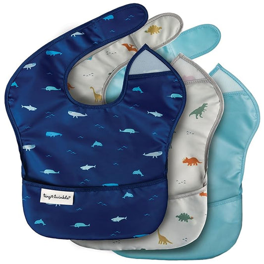 Tiny Twinkle Mess-Proof Baby Bibs for Eating | Waterproof, Wipeable Toddler Bibs with Catch-All Pocket | Feeding Bibs for Girls & Boys(3 Pack,Sea, Dino)