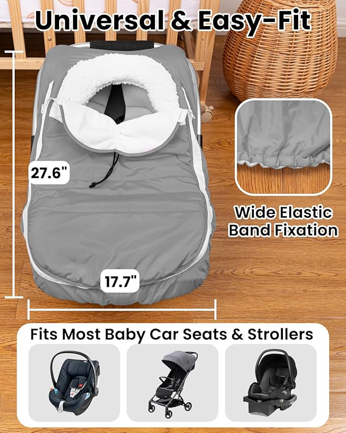 TinyPalsa Winter Baby Carseat Cover, Warm Cozy Infant Car Seat Covers with Plush Lining for Cold Weather, Waterproof Carseat Canopy with Adjustable Collar, Universal Fit for Boys & Girls (Grey)