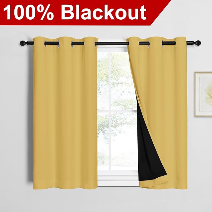 NICETOWN 100% Blackout Short Curtains with Black Liners, 2 Panels, 37" W by 40" L, Bright Yellow, Thermal Insulated Full Blackout 2-Layer Lined Drapes, Energy Efficiency Window Draperies for Bedroom