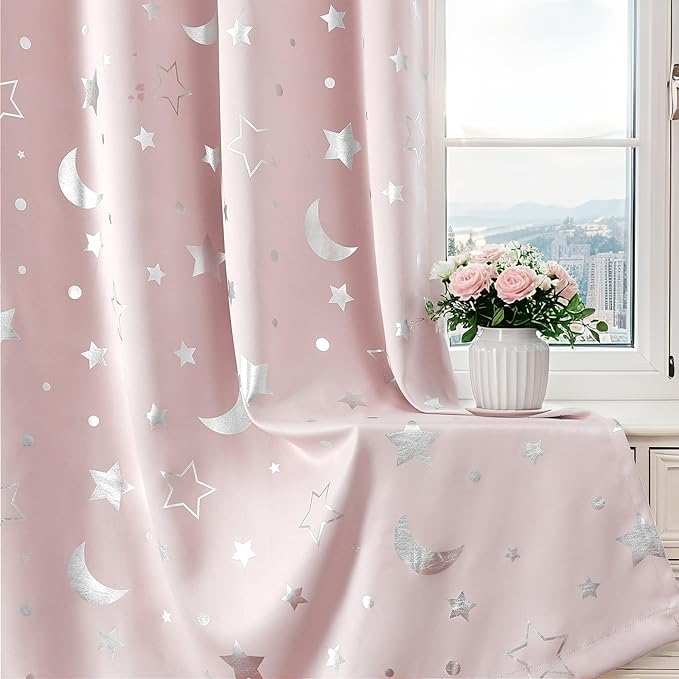 WUBODTI Pink Curtains for Girls Room Star Blackout Kids Bedroom Curtains 84 Inches Long, Cute Silver Star and Moon Patterned Space Theme Thermal Insulated Nursery Drapes, 2 Panel Sets